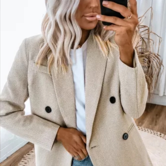 🙂New Chevron Ribbed Double Breasted Lapel Collar Blazer - Picture 2 of 16
